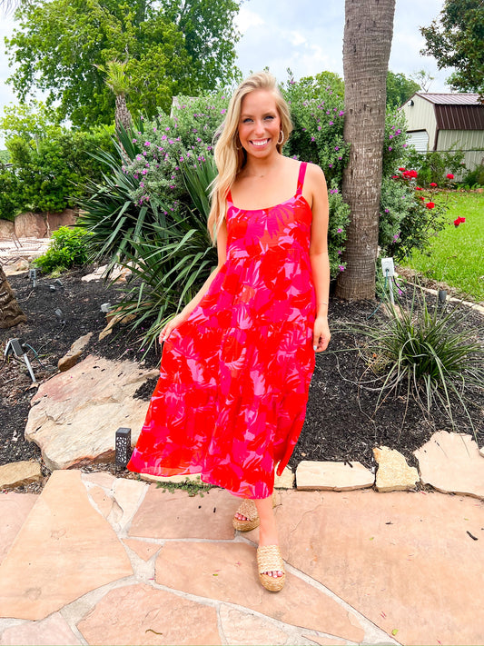 Hot Pink Floral Print Midi Dress - Southern Belle Boutique