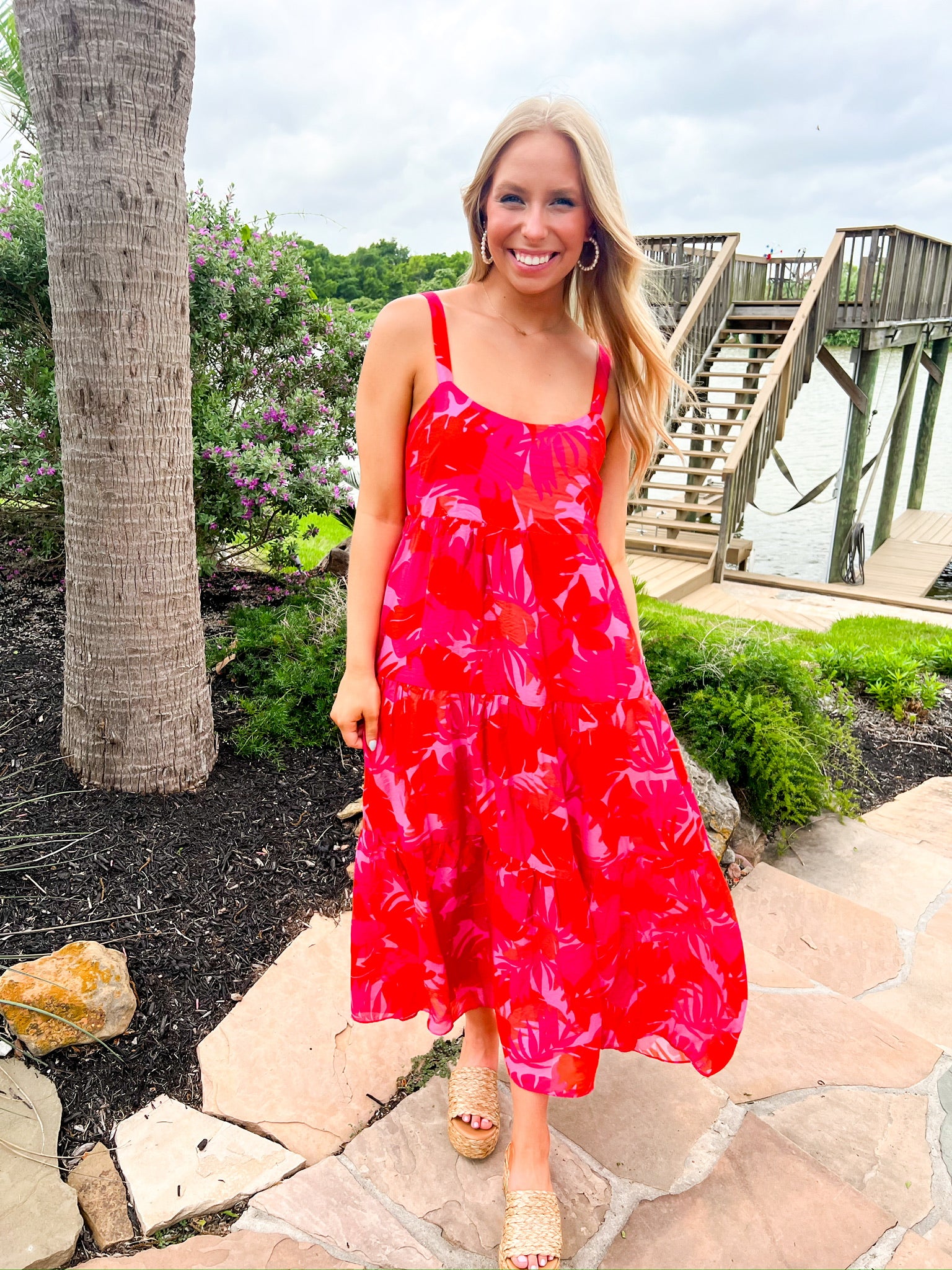 Hot Pink Floral Print Midi Dress - Southern Belle Boutique