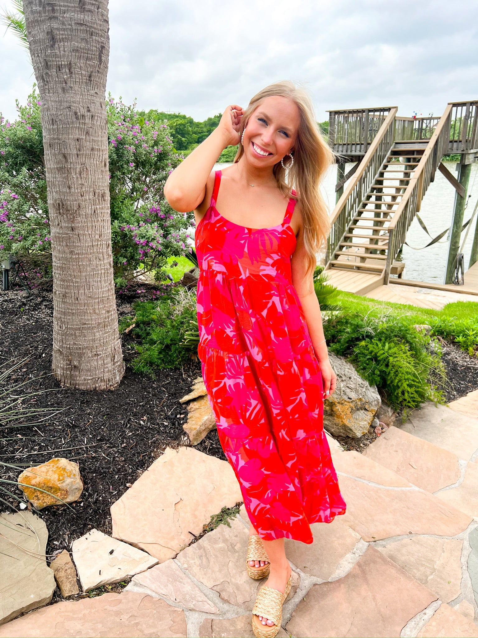 Hot Pink Floral Print Midi Dress - Southern Belle Boutique