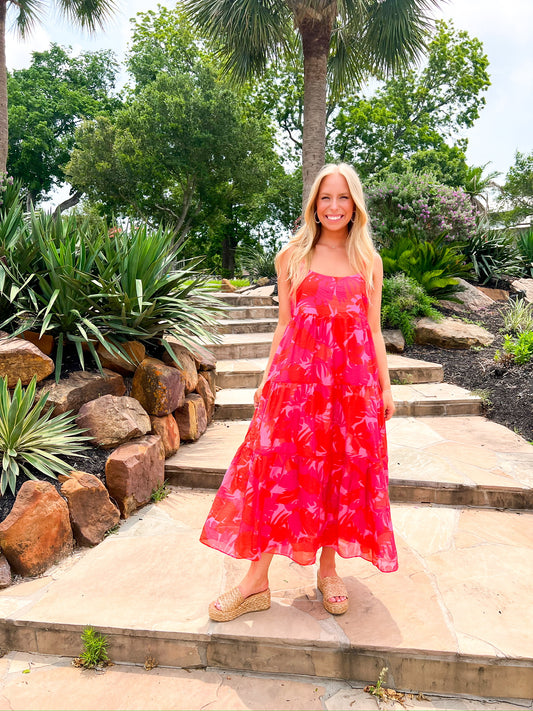 Hot Pink Floral Print Midi Dress - Southern Belle Boutique