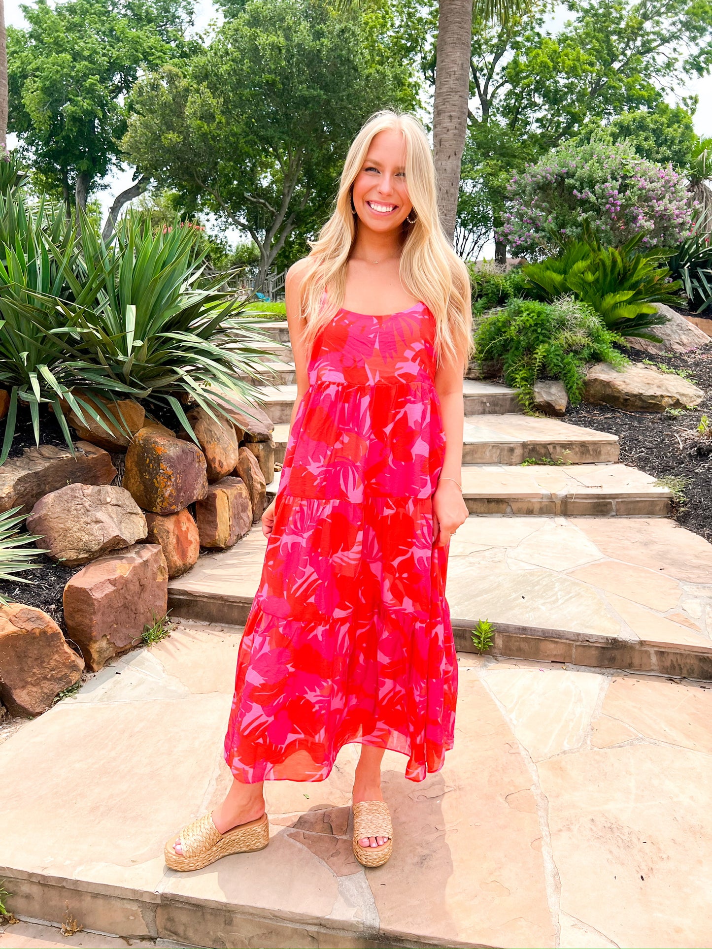Hot Pink Floral Print Midi Dress - Southern Belle Boutique