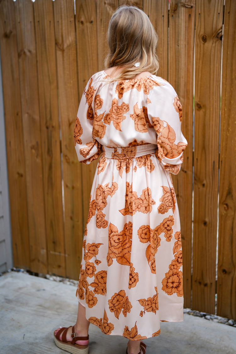 Floral Print Midi Dress - Warm Peach