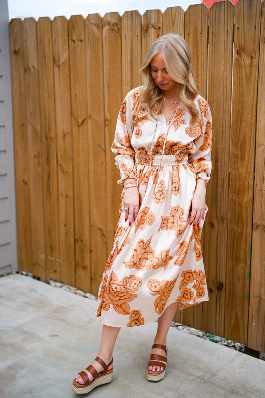 Floral Print Midi Dress - Warm Peach - Southern Belle Boutique