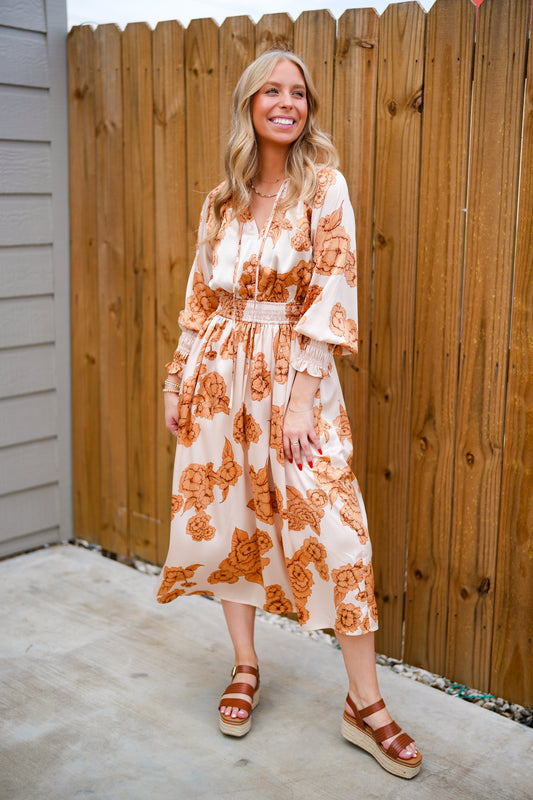 Floral Print Midi Dress - Warm Peach - Southern Belle Boutique