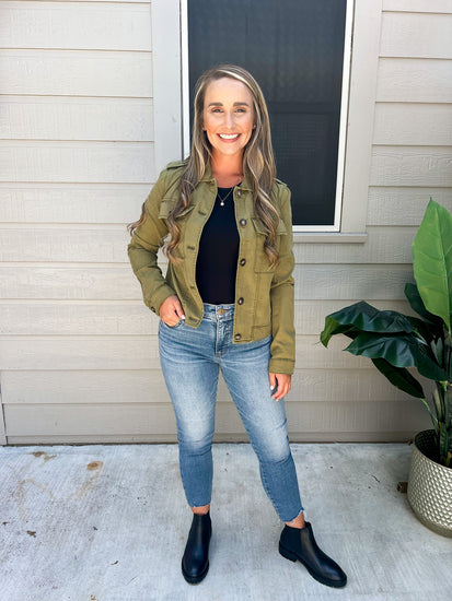 Rosalyn Trucker Jacket - Olive - Southern Belle Boutique