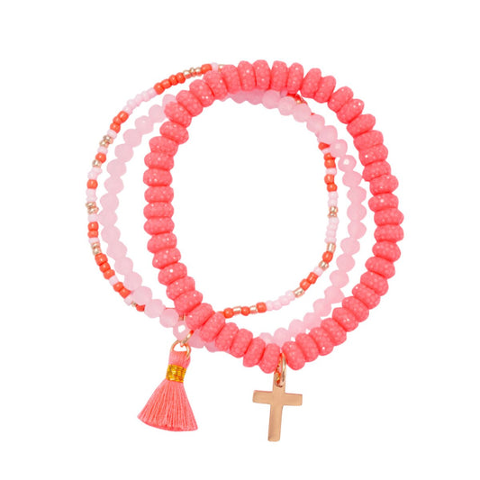 Kids Set of 3 Coral & Pink Beaded Bracelet with Cross Charm