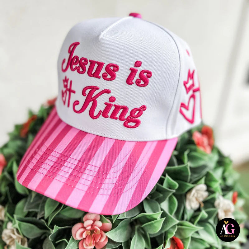 Jesus is King Pink Stripe Canvas Hat - Southern Belle Boutique