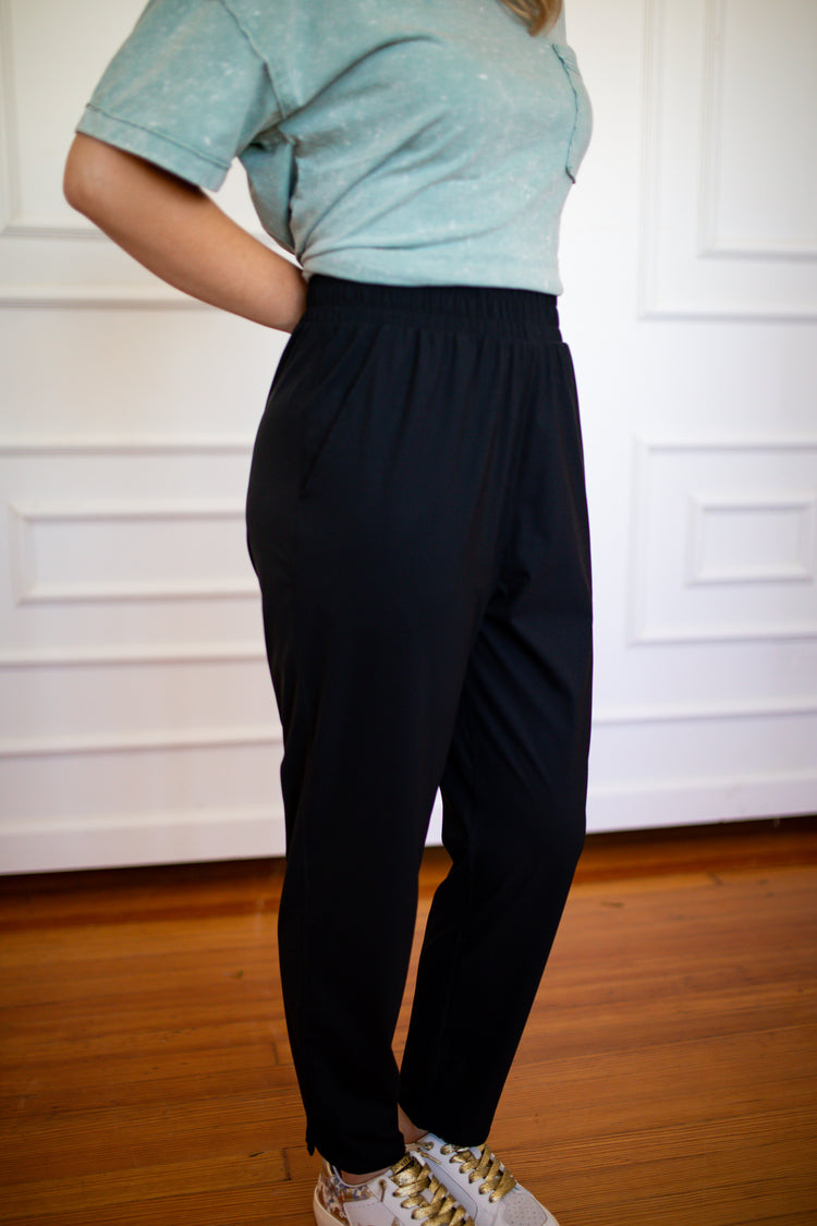 Black Joggers w Curved Notch Hem - Southern Belle Boutique