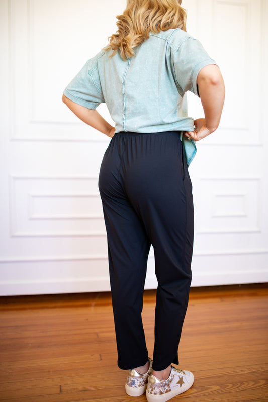 Black Joggers w Curved Notch Hem - Southern Belle Boutique