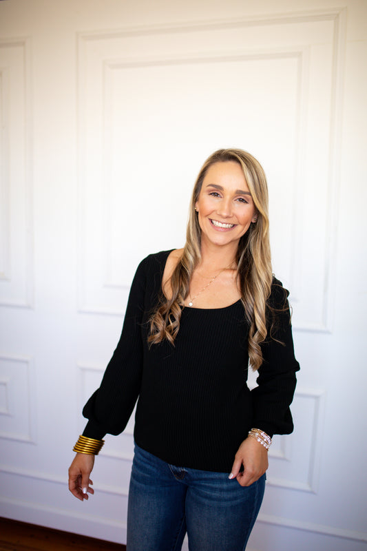 Lincoln Peplum Sleeve Sweater - Black - Southern Belle Boutique