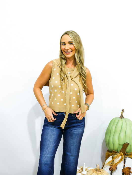 Camel Polka Dot Tie Shoulder Sweater