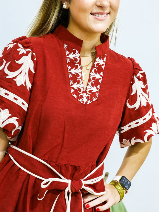 Garnet Embroidered Tiered Mini Dress