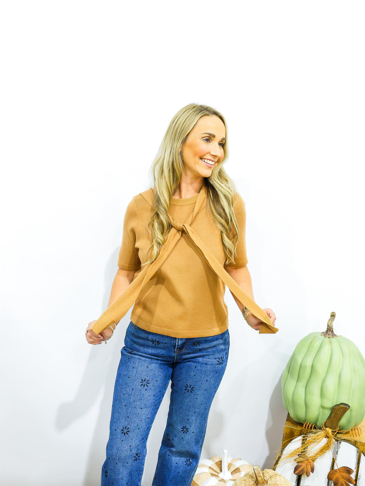 Brown Layered Shoulder Tie Sweater - Camel
