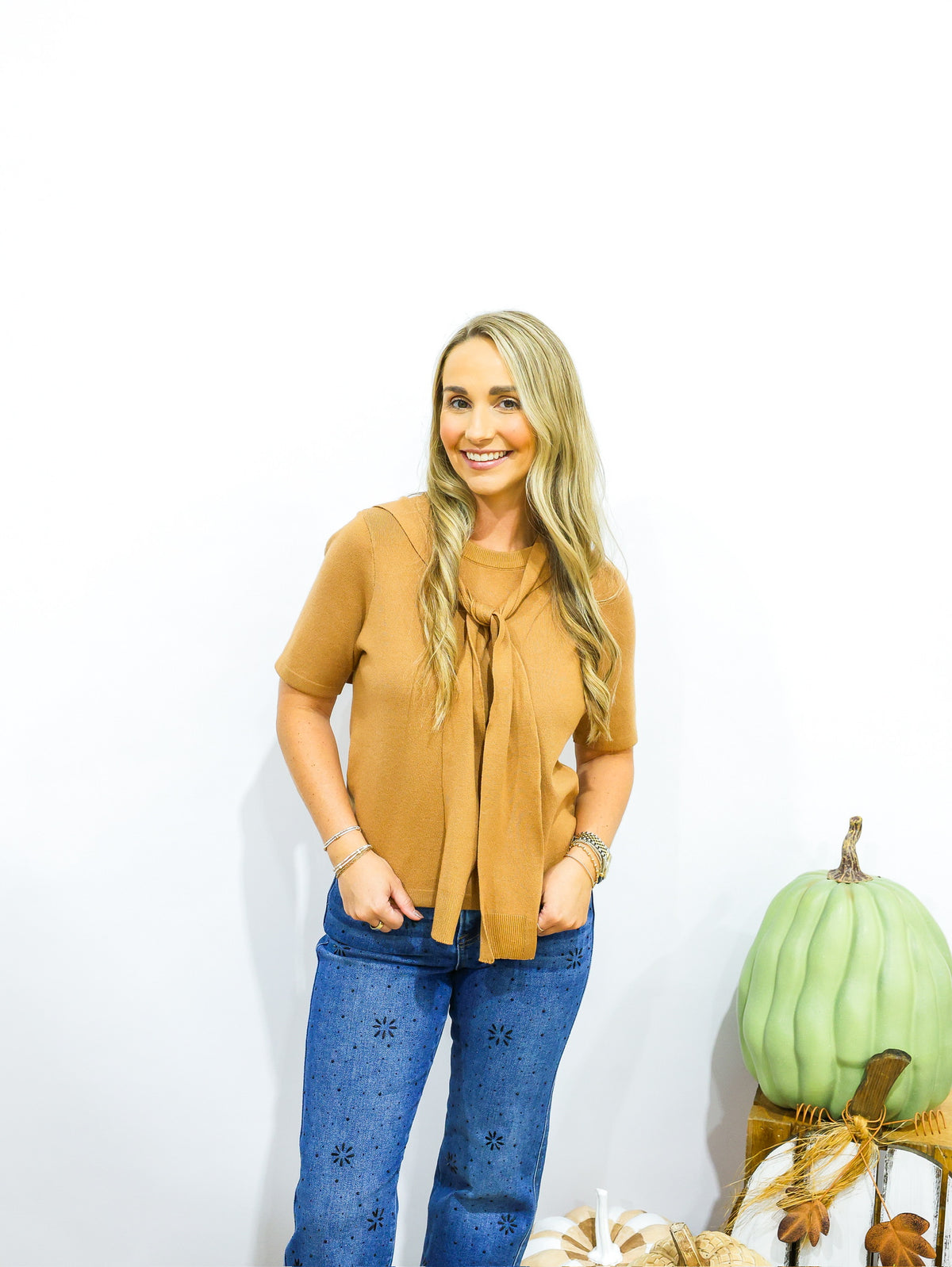 Brown Layered Shoulder Tie Sweater - Camel