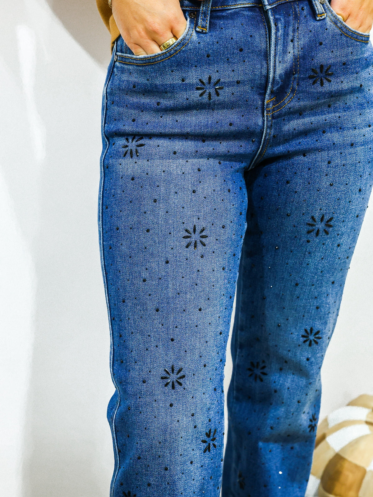 Rhinestone Detailed High Rise Jeans