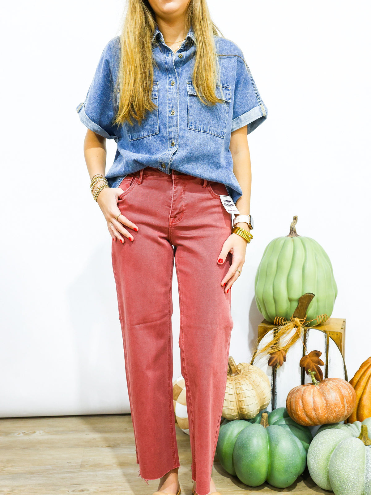 Tummy Control Mid Rise Straight Raw Hem Jeans - Rust