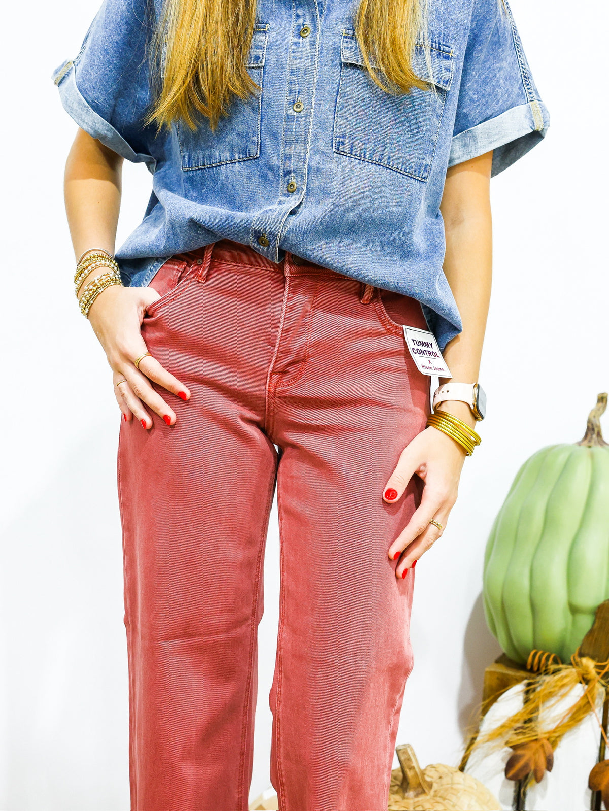 Tummy Control Mid Rise Straight Raw Hem Jeans - Rust