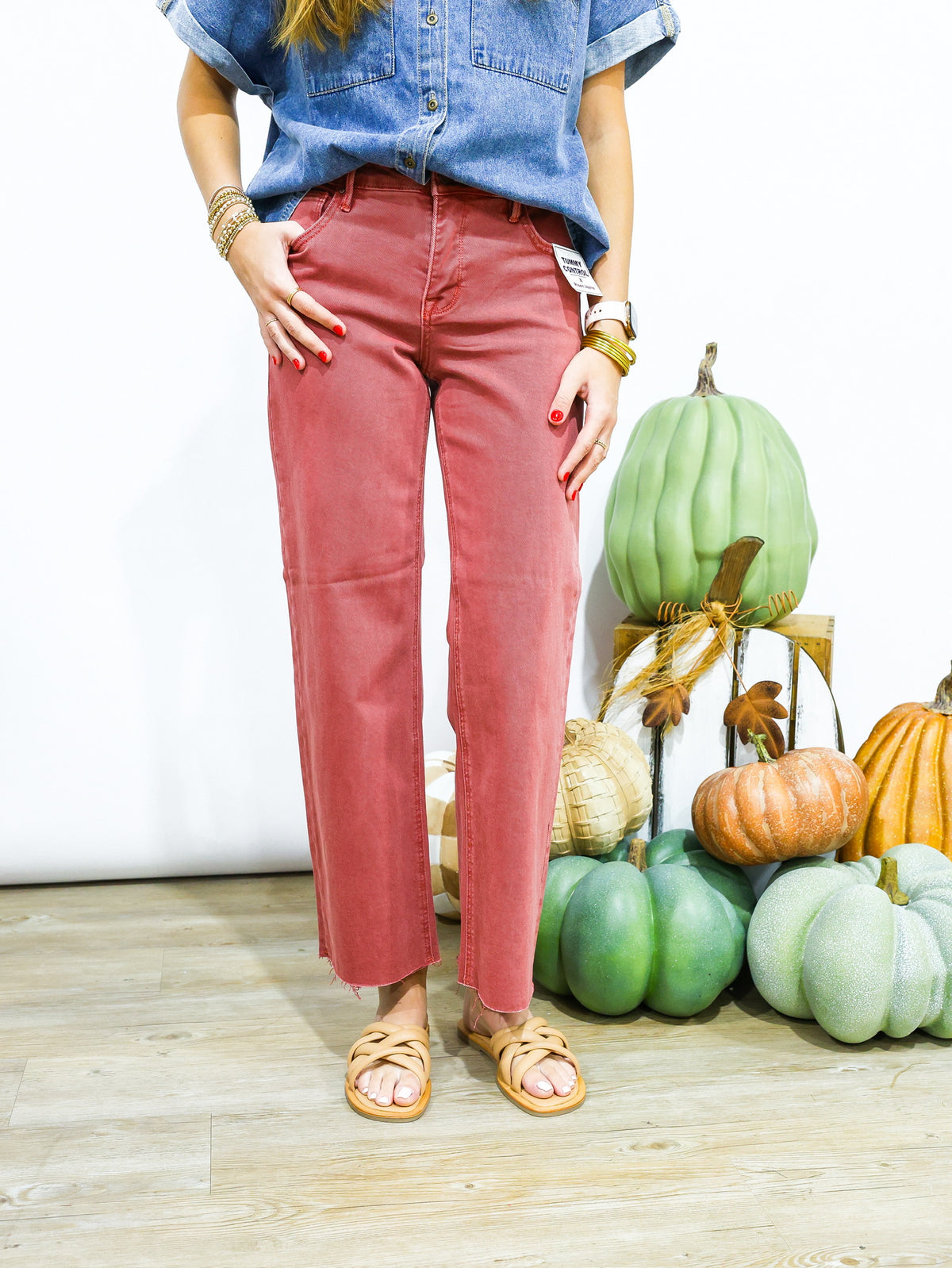 Tummy Control Mid Rise Straight Raw Hem Jeans - Rust