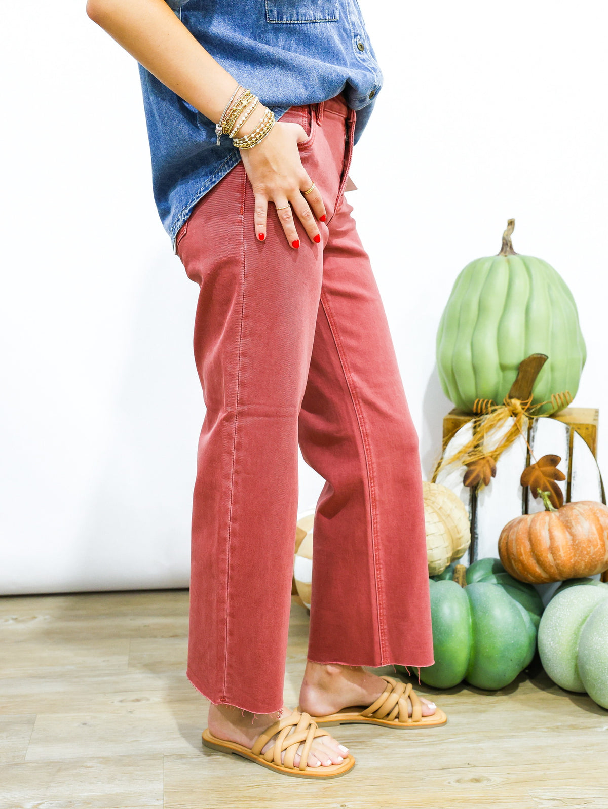 Tummy Control Mid Rise Straight Raw Hem Jeans - Rust