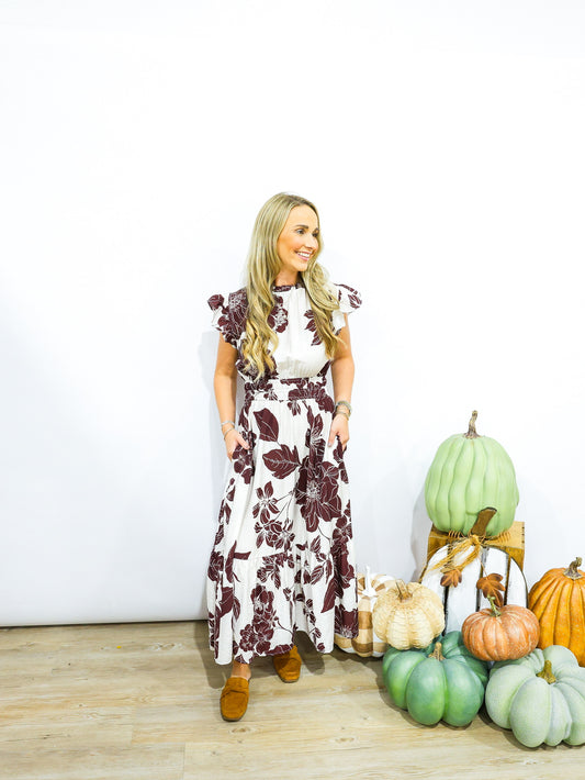 Marsala Brown Floral Flutter Sleeve Dress - Southern Belle Boutique