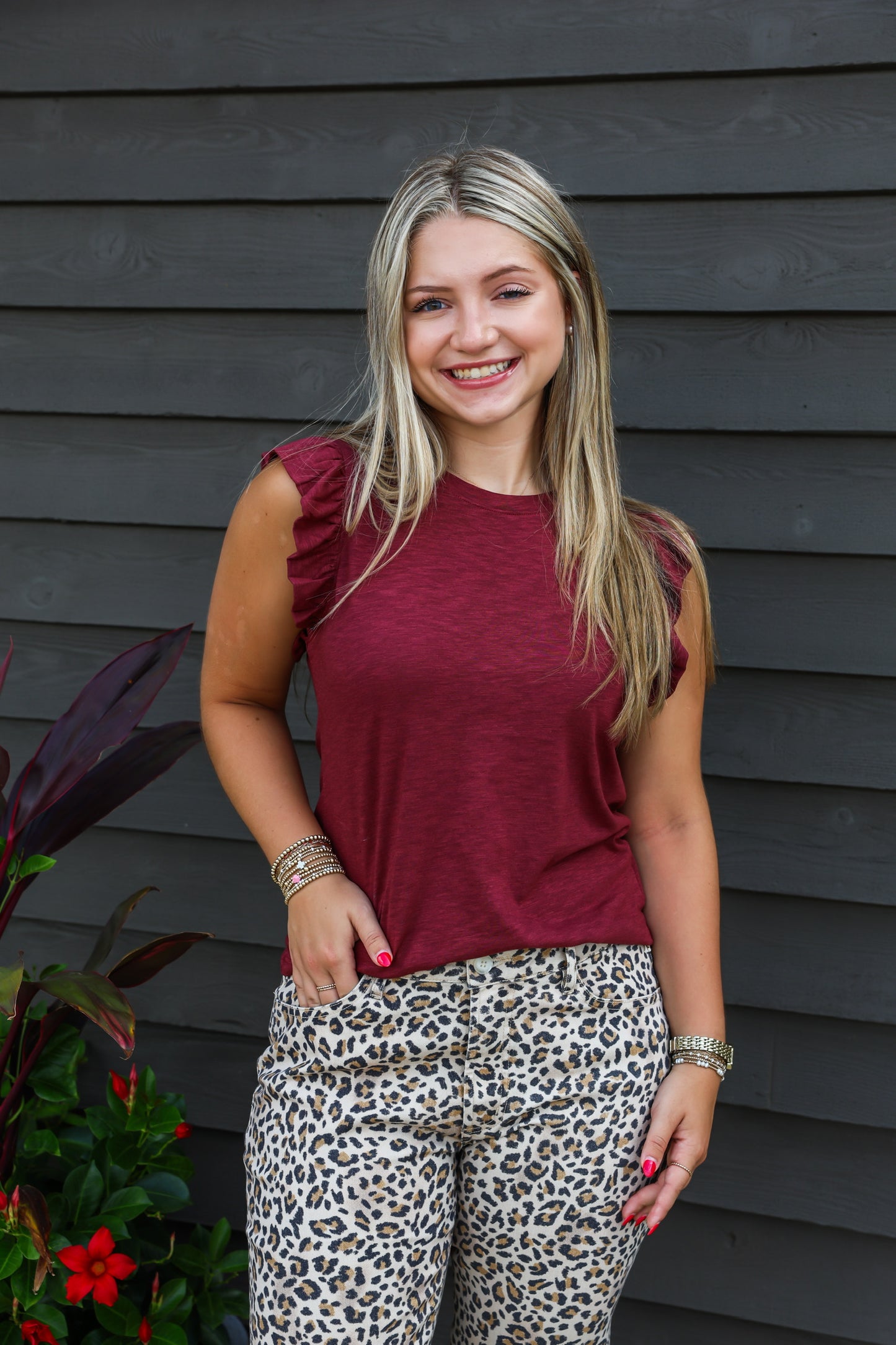 North Ruffle Trimmed Sleeve Slub Tank - Merlot