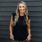 North Ruffle Trimmed Sleeve Slub Tank - Black
