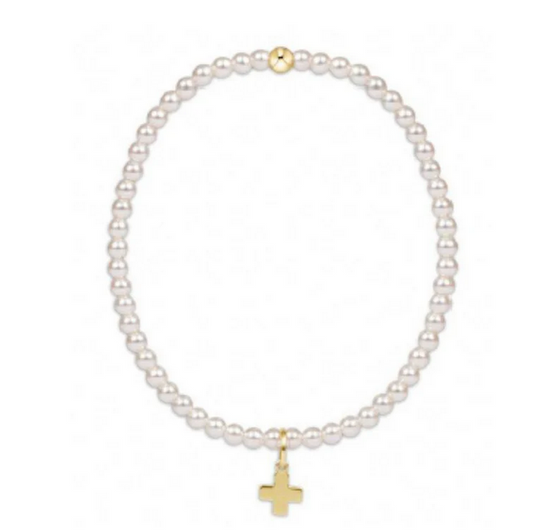 Classic Pearl 3mm Bead Bracelet - Signature Cross Gold Charm - Southern Belle Boutique