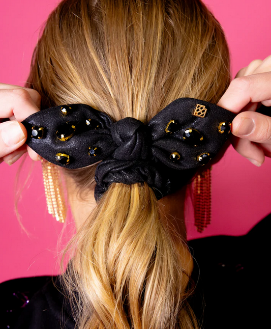 Shimmer Bow Scrunchie with Hand Sewn Crystals in Black - Southern Belle Boutique