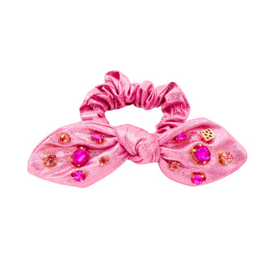 Shimmer Bow Scrunchie with Hand Sewn Crystals in Pink - Southern Belle Boutique