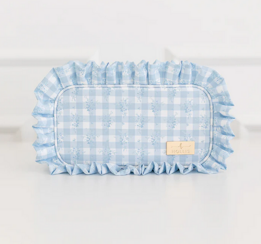 Ruffled Nylon Medium Pouch - Blue Floral