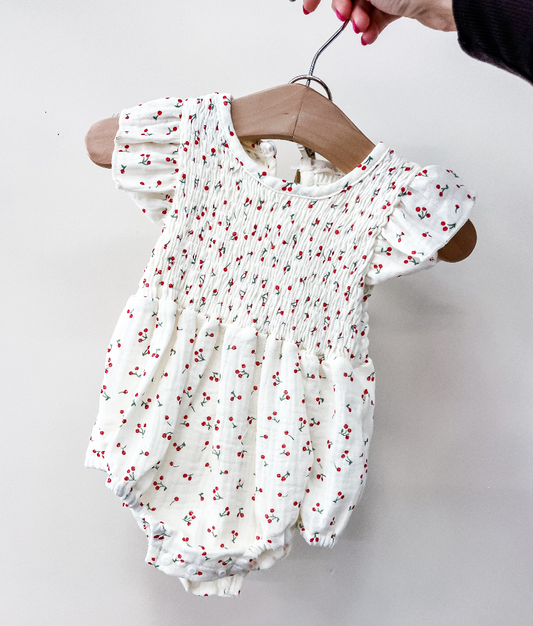 Cherry Ivory Linen Romper - Southern Belle Boutique