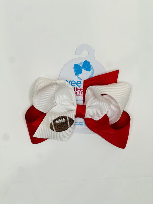 Football Hair Bow w/Clip - Red/White (Med) - Southern Belle Boutique