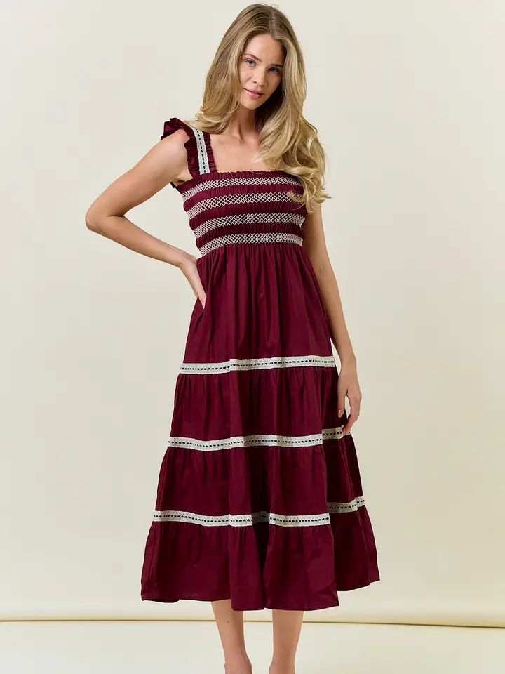 Burgundy Smocked Ruffle Cap Sleeve Dress - Southern Belle Boutique