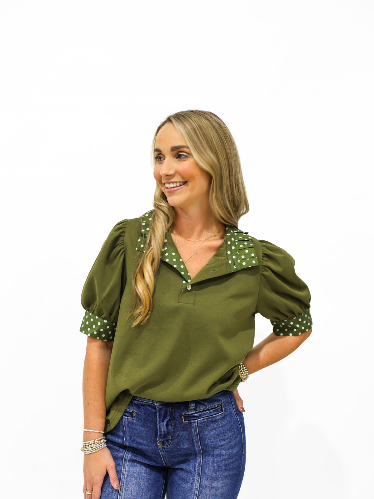 Olive Polka Dot Blouse - Southern Belle Boutique