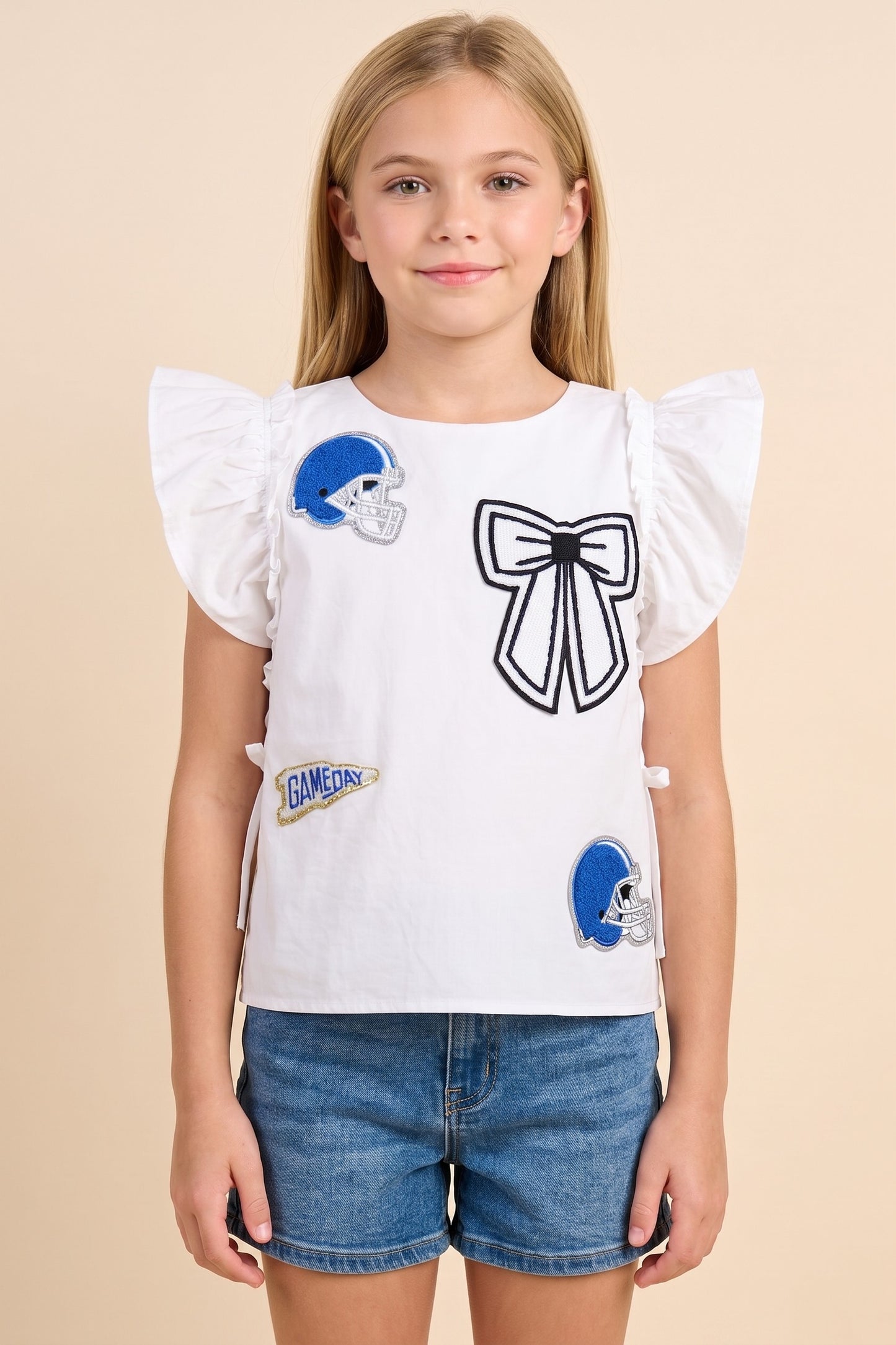 Blue Helmet And Bow Patched Ruffled Tank
