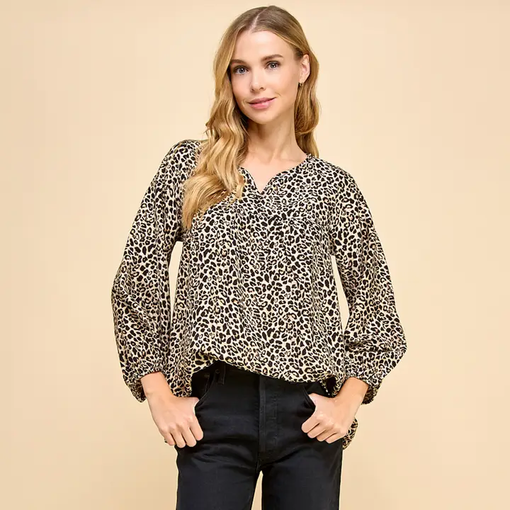 Animal Printed Tan VNeck Blouse - Southern Belle Boutique