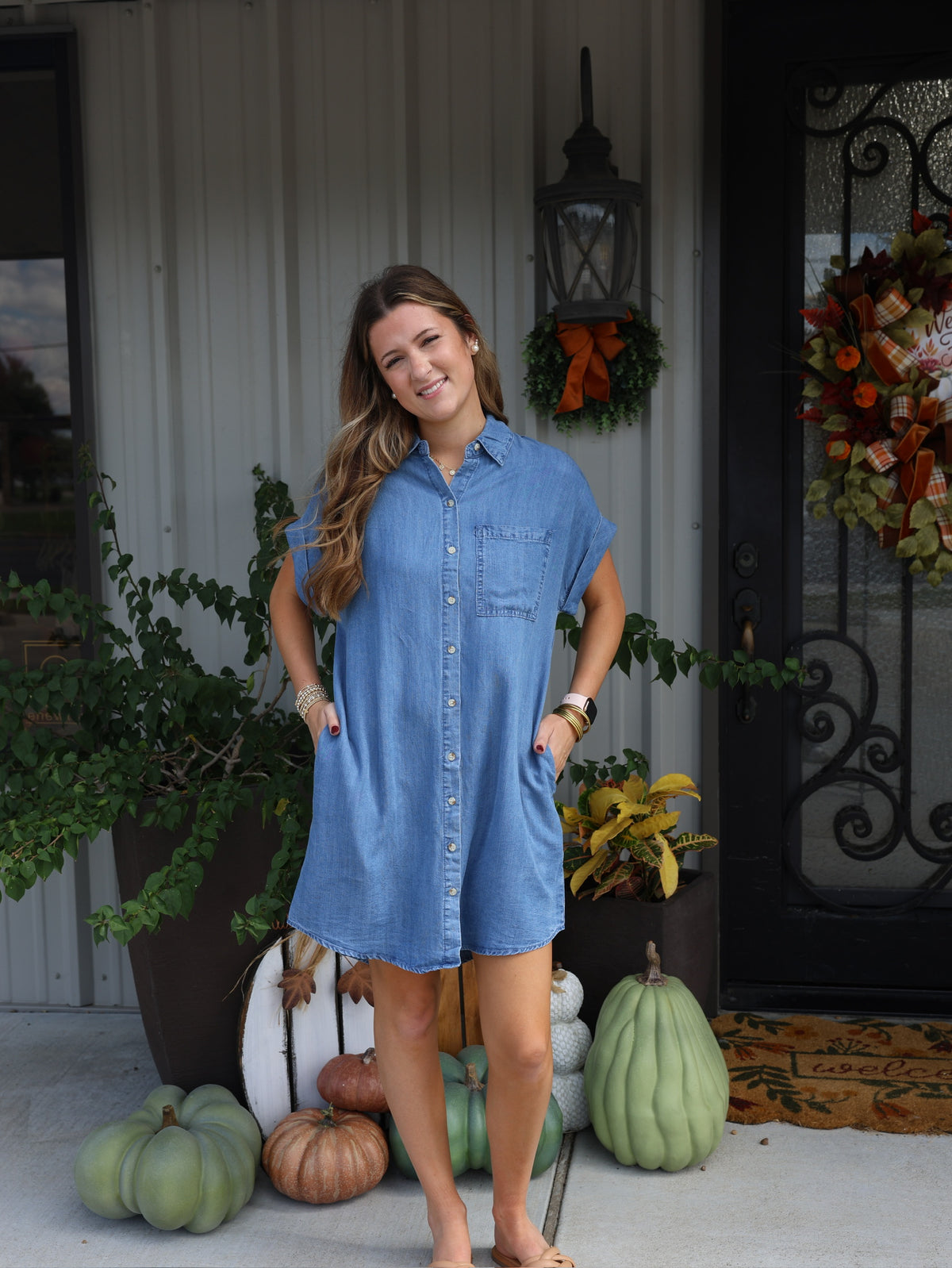 Denim Button Down Shirt Dress - Med Wash