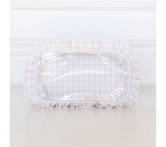 Nude Plaid Ruffled Nylon Large Clear Pouch - Southern Belle Boutique