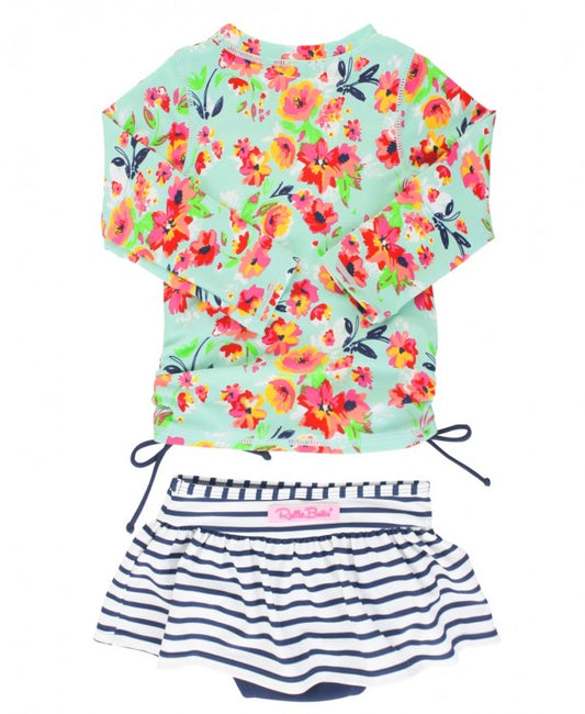 Long Sleeve Rash Guard Painted Flowers Skirted Bikini - Southern Belle Boutique