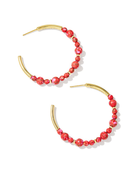 Jovie Beaded Hoop Earrings - Gold Bronze Veined Red And Fuchsia Magnesite - Southern Belle Boutique