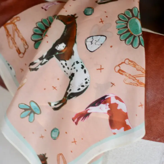 Western Silk Wild Rag Horses and Turquoise Peach Scarf - Southern Belle Boutique
