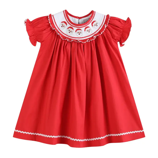 Red Santa Smocked Ruffle Bishop Dress