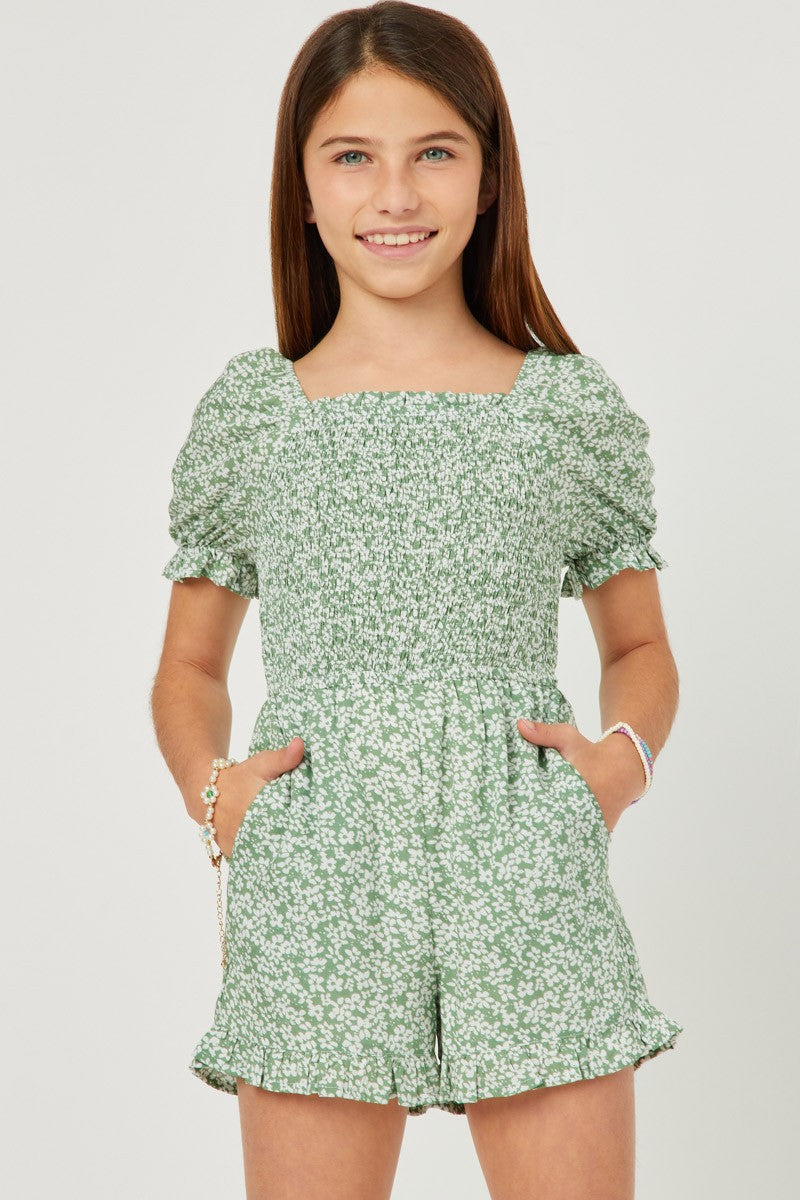 Girls Ditsy Floral Smocked Puff Sleeve Romper - Southern Belle Boutique