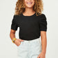 Ribbed Pleated Shoulder Puff Sleeve Top - Black
