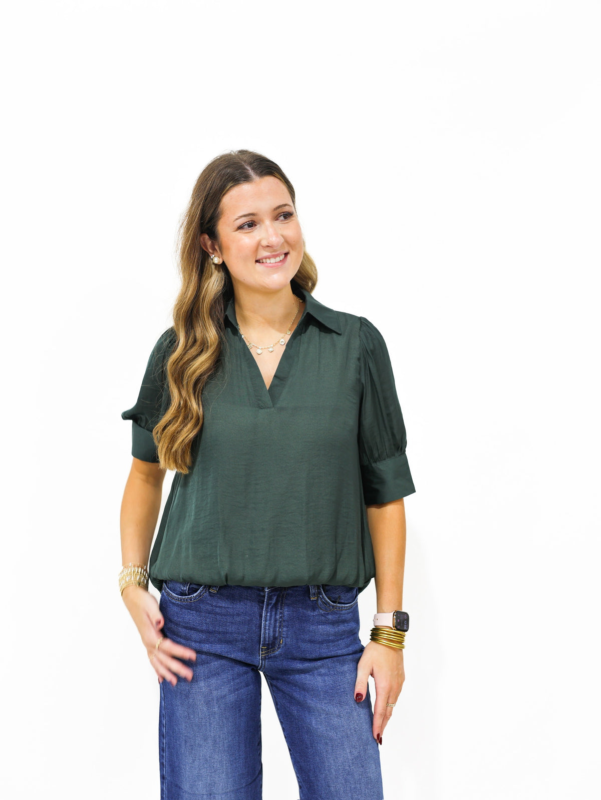 Forest Green Hi Lo Bubble Hem Blouse - Southern Belle Boutique
