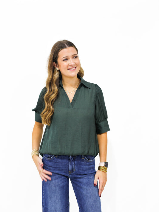 Forest Green Hi Lo Bubble Hem Blouse - Southern Belle Boutique