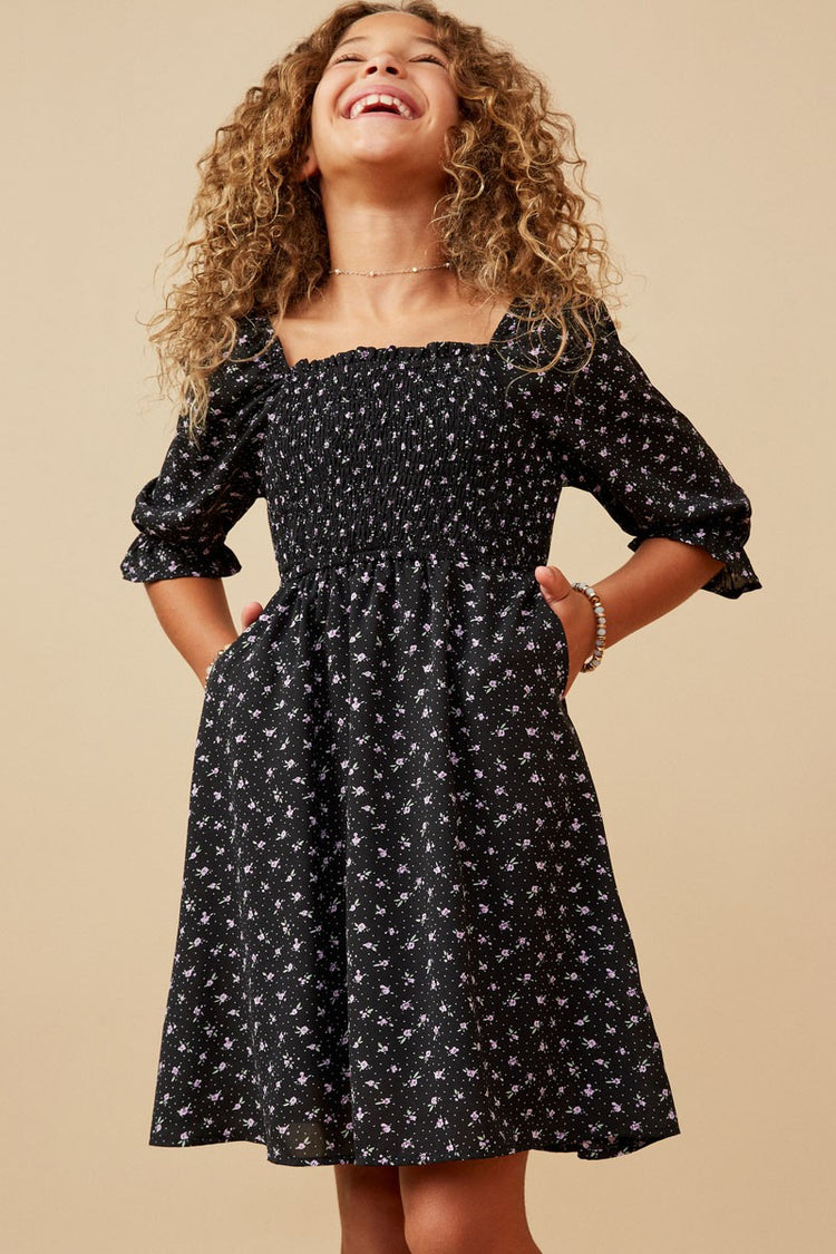 Black Floral Smocked Dress