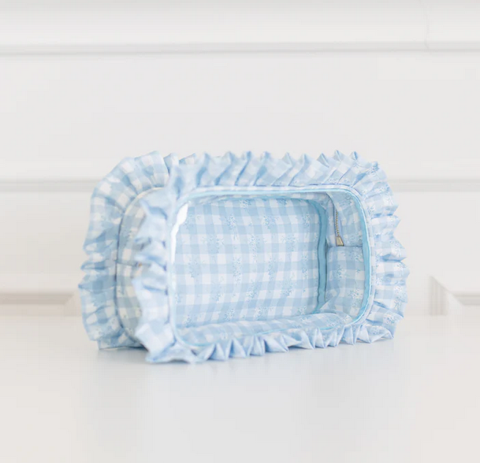 Ruffled Nylon Large Clear Pouch - Blue Floral