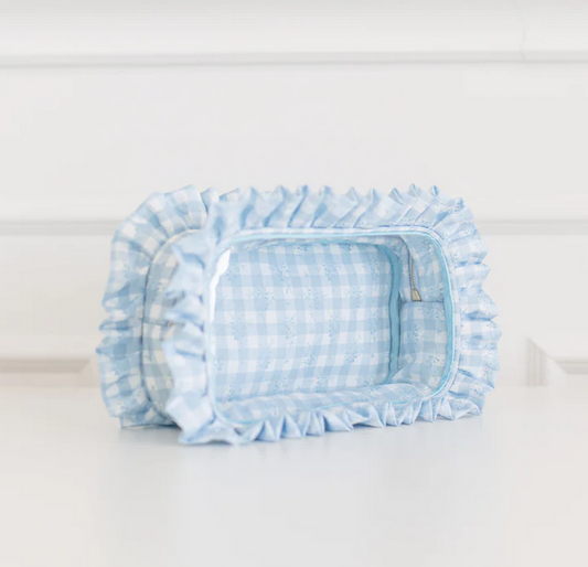 Ruffled Nylon Large Clear Pouch - Blue Floral