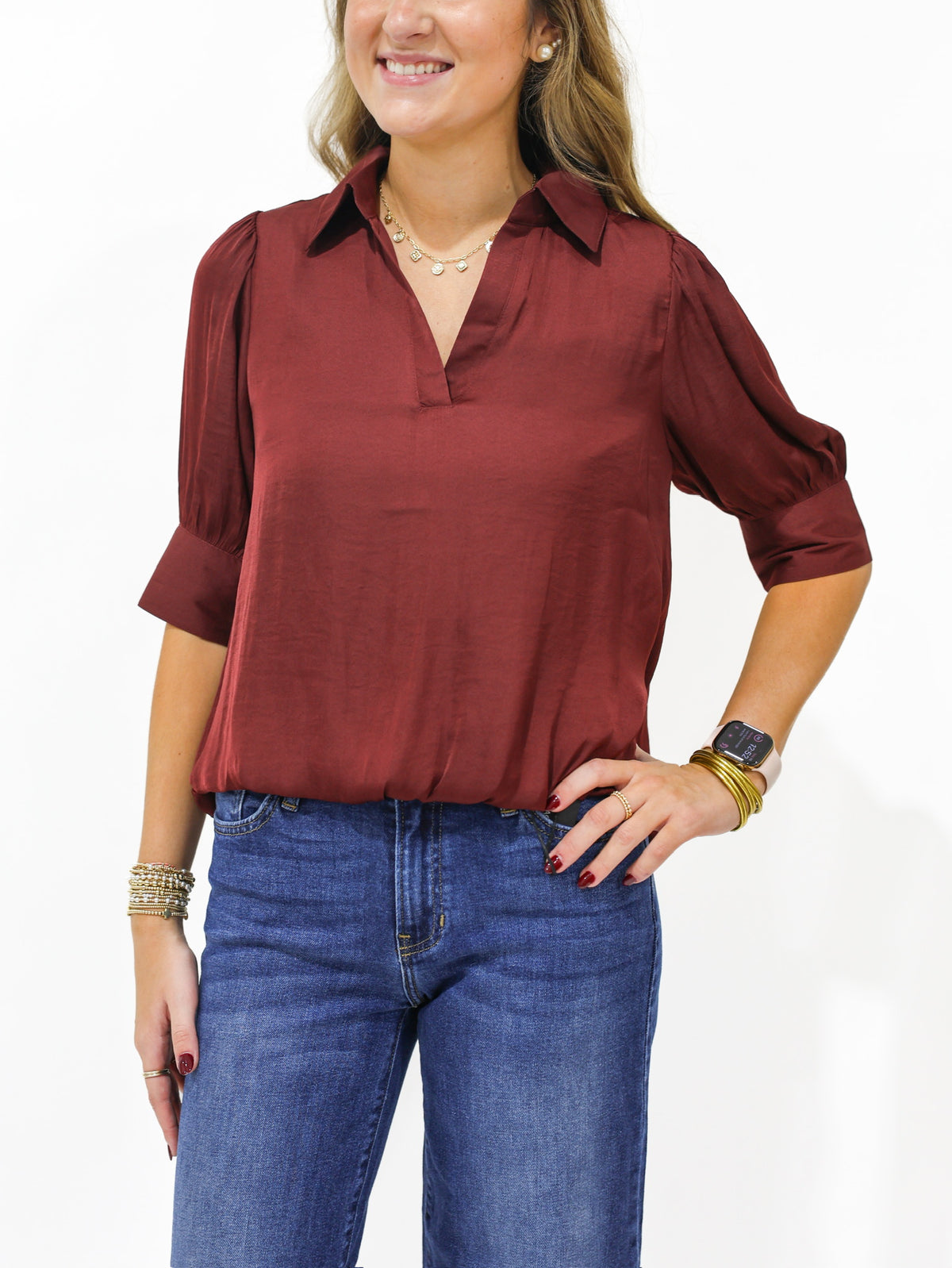 Wine Hi Lo Bubble Hem Blouse - Southern Belle Boutique